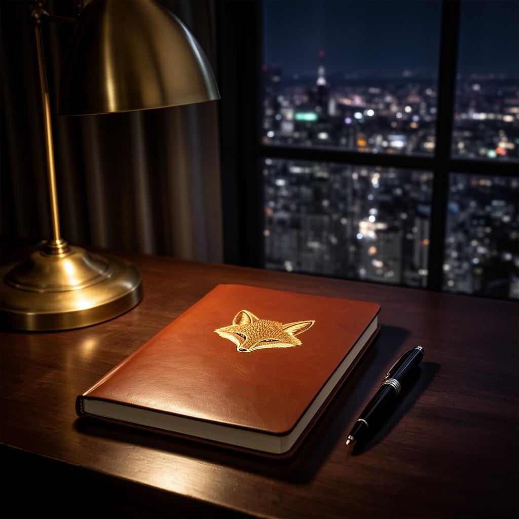 Leather notebook on desk with city view